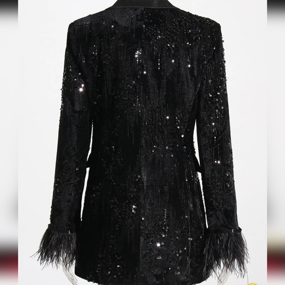 LUXURY SEQUIN SATIN VELVET FEATHER BUTTON CUFF BLAZER - Picture 3 of 9